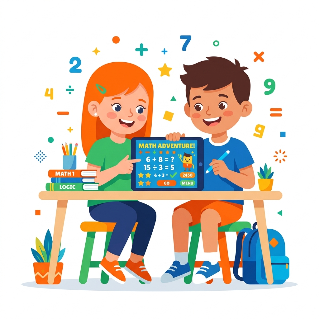 タブレットで楽しく学ぶ小学生のイラスト